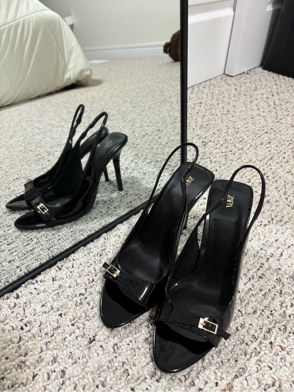 Zara Black Patent Slingback Heels with Gold Buckle